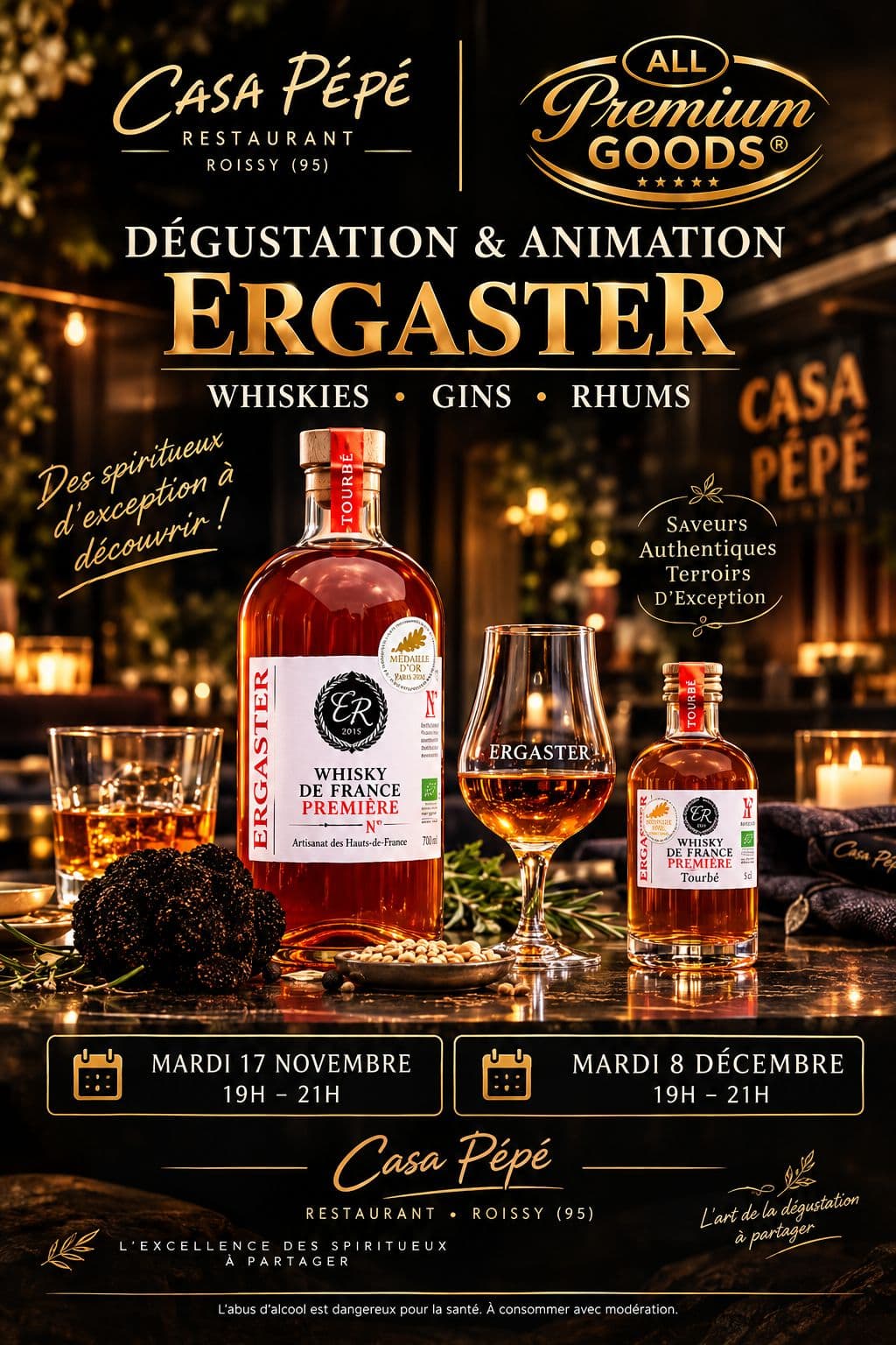 L'affiche des soirées de dégustation Ergaster chez Casa Pépé, à Roissy, les 17 novembre et 8 décembre
