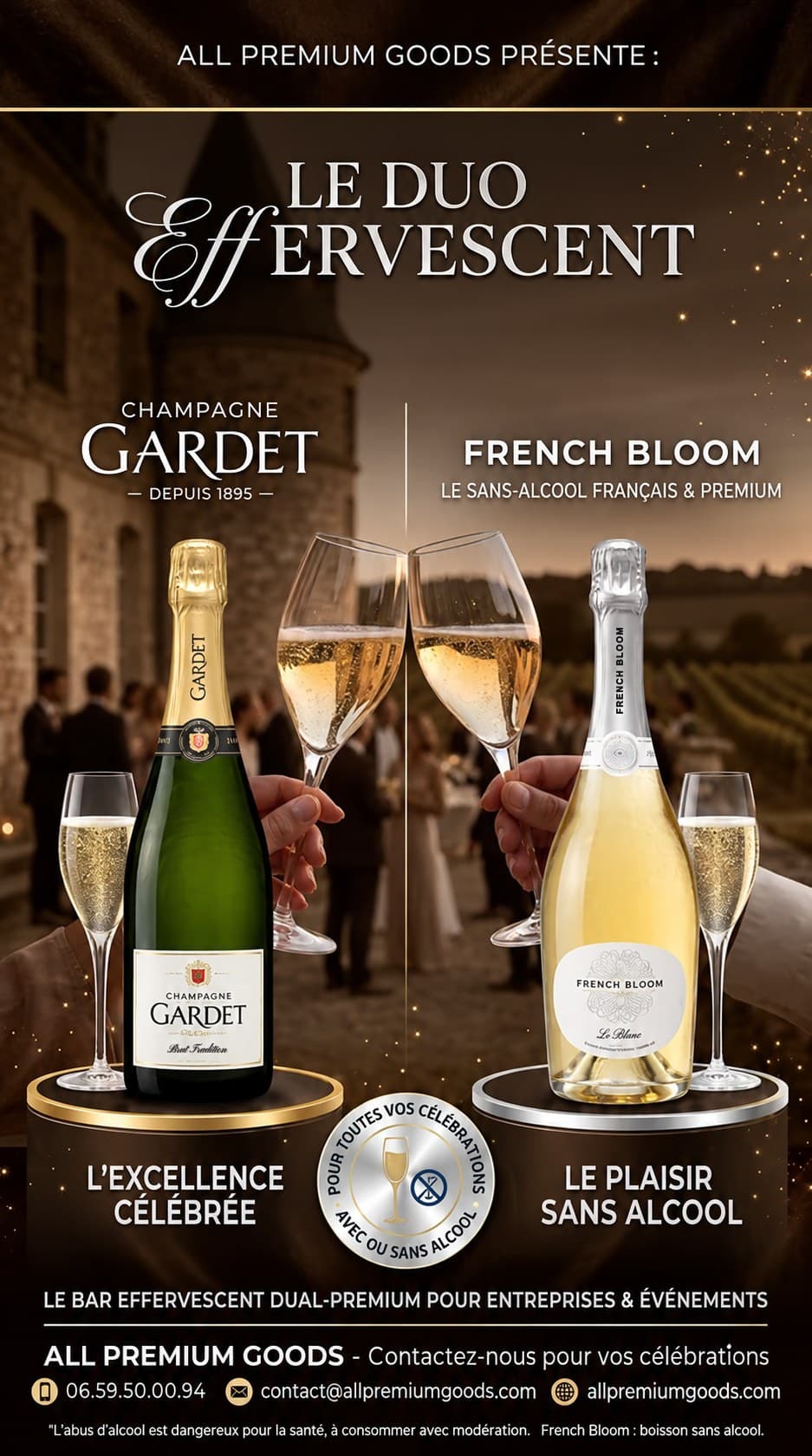 L'affiche du Duo Effervescent : Champagne Gardet Brut Tradition et French Bloom Le Blanc, pour toutes les célébrations, avec ou sans alcool
