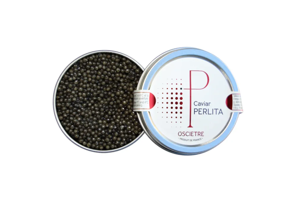 Boîte de caviar osciètre Perlita sur fond blanc