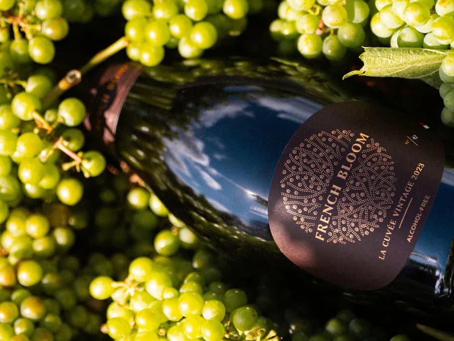 Bouteille de La Cuvée Vintage 2023 couchée sur des grappes de chardonnay