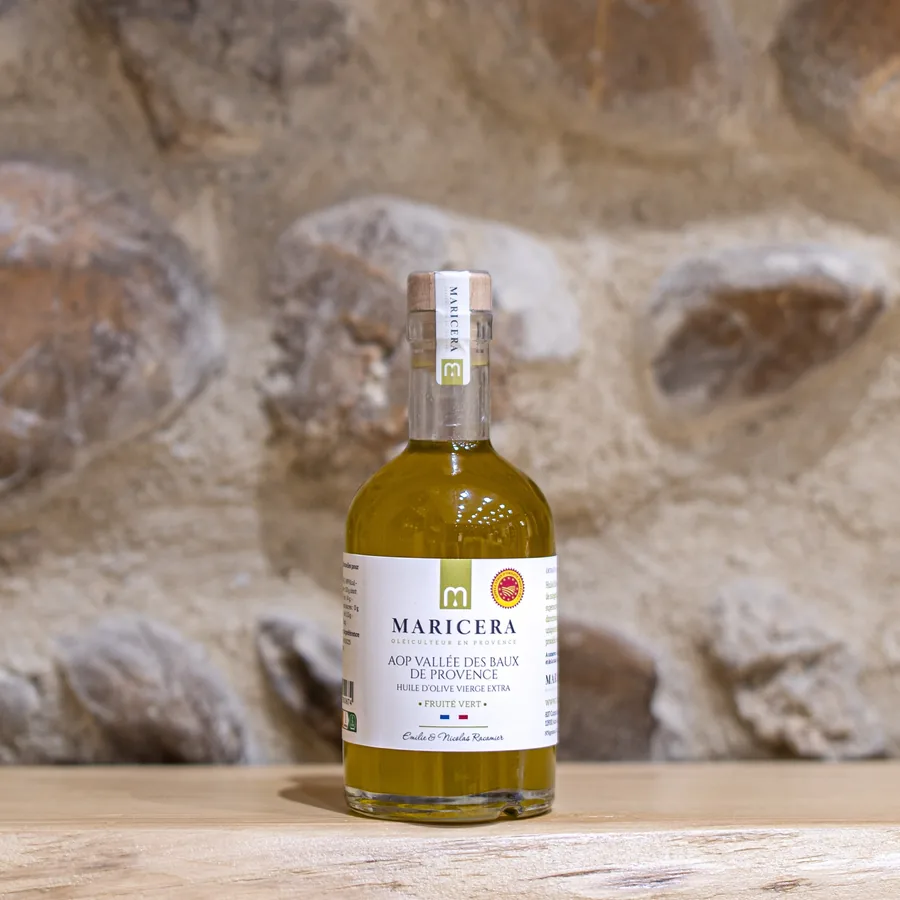 Bouteille d'huile d'olive Maricera AOP Vallée des Baux-de-Provence fruité vert
